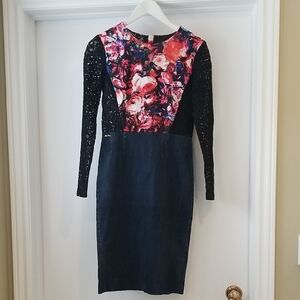 Miss Sixty Black and Floral and Denim Long Sleeve Dress. Size M.